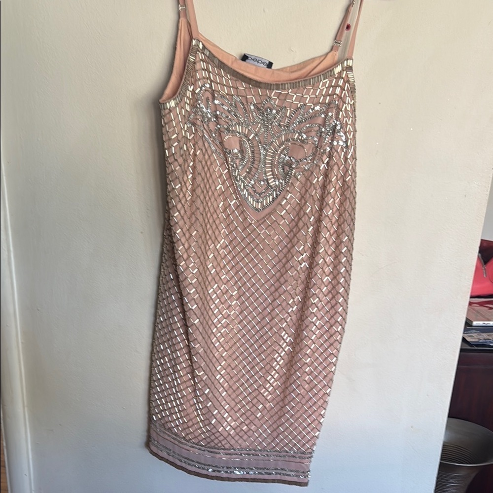 Bebe Pink Gold Sequin Embellished Mini Dress